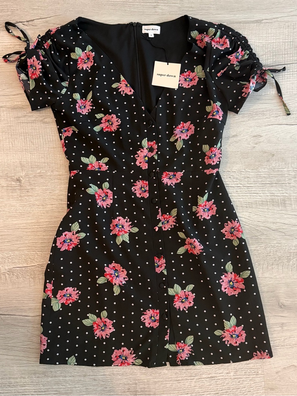 Superdown Black Mini Dress with Pink Floral & White Polka Dots